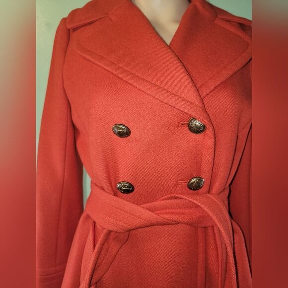 J.Crew Womens Orange Wool Long Sleeve Belted Button Double Breasted Pea Coat 2 - Picture 5 of 7